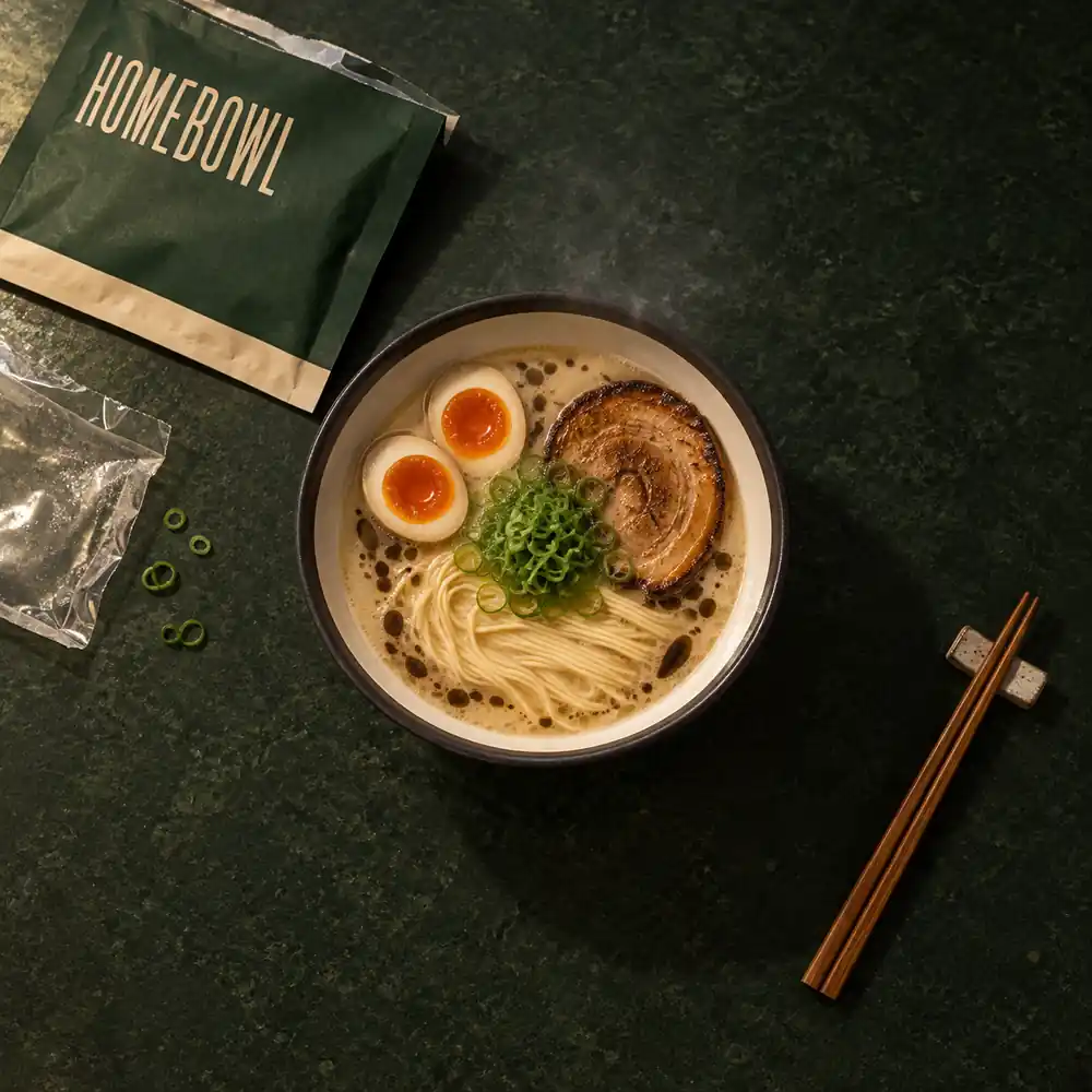 從正上方看一碗豚骨拉麵：骨白色的濃湯、細直麵、一片炙燒叉燒、切半的溏心蛋和蔥花，碗旁是剪開的回家煮湯包